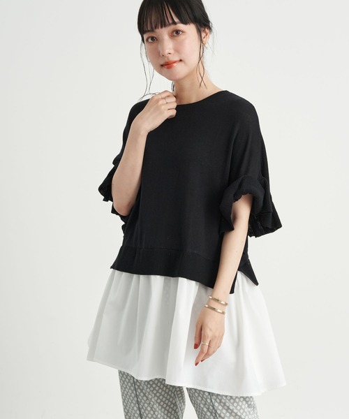 earth music&ecology（アースミュージックアンドエコロジー）の「ドッキングフリルニットチュニック　＊（ニット/セーター・レディース・ブルー/ベージュ/ブラック・FREE）」の2枚目の写真