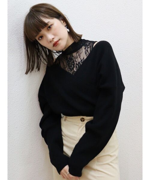 MURUA(ムルーア)の「レースタートルカシュクールニット(ニット/セーター・レディース・ブラック/ブルー/パープル/ベージュ・FREE)」の5枚目の写真