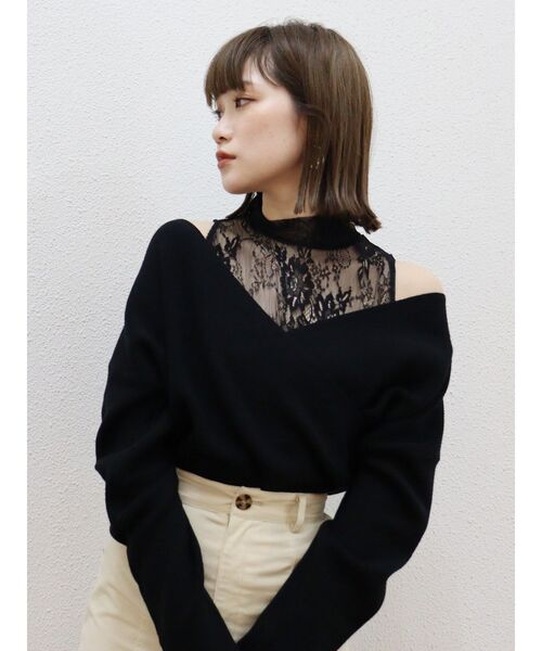 MURUA(ムルーア)の「レースタートルカシュクールニット(ニット/セーター・レディース・ブラック/ブルー/パープル/ベージュ・FREE)」の6枚目の写真