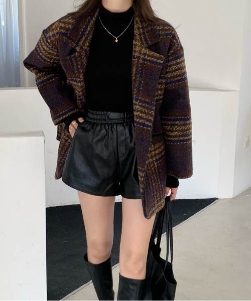 emi+（エミプラス）の「BIGシルエットチェック柄 ショートテーラーコート（ピーコート・レディース・ブラウン/ブルーグリーン/ネイビー・L/M/S）」の9枚目の写真