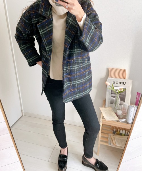 emi+（エミプラス）の「BIGシルエットチェック柄 ショートテーラーコート（ピーコート・レディース・ブラウン/ブルーグリーン/ネイビー・L/M/S）」の18枚目の写真