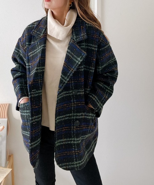 emi+（エミプラス）の「BIGシルエットチェック柄 ショートテーラーコート（ピーコート・レディース・ブラウン/ブルーグリーン/ネイビー・L/M/S）」の20枚目の写真