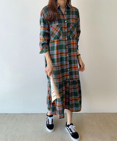 me+em select（ミームセレクト）の「ギャザー切替チェックフランネルシャツワンピース（シャツワンピース・レディース・ピンク/グリーン・FREE）」の8枚目の写真