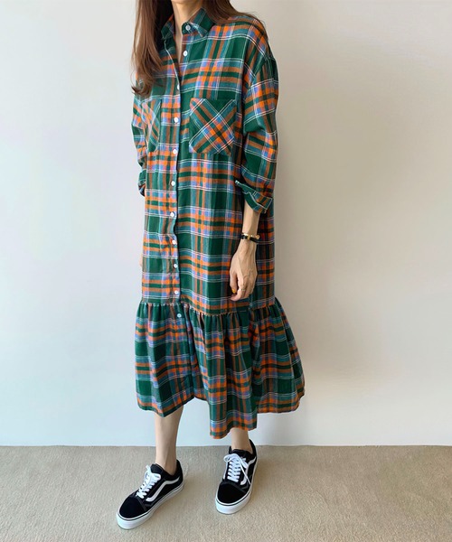 me+em select（ミームセレクト）の「ギャザー切替チェックフランネルシャツワンピース（シャツワンピース・レディース・ピンク/グリーン・FREE）」の5枚目の写真
