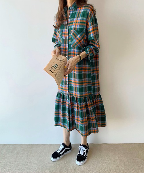 me+em select（ミームセレクト）の「ギャザー切替チェックフランネルシャツワンピース（シャツワンピース・レディース・ピンク/グリーン・FREE）」の11枚目の写真