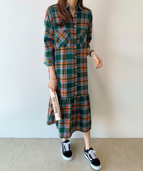 me+em select（ミームセレクト）の「ギャザー切替チェックフランネルシャツワンピース（シャツワンピース・レディース・ピンク/グリーン・FREE）」の17枚目の写真