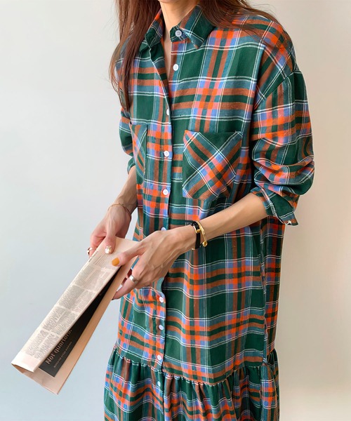 me+em select（ミームセレクト）の「ギャザー切替チェックフランネルシャツワンピース（シャツワンピース・レディース・ピンク/グリーン・FREE）」の3枚目の写真