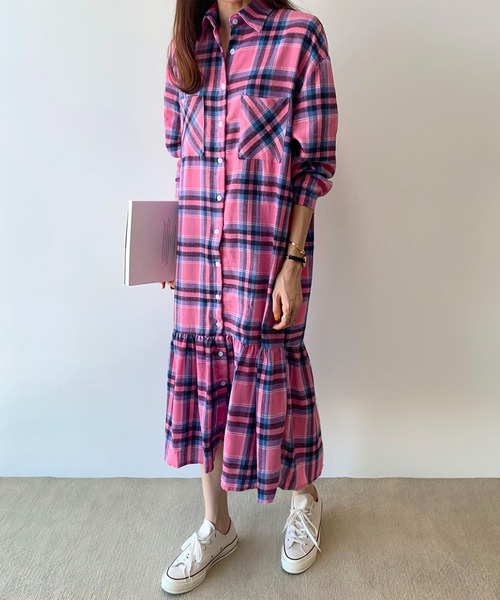 me+em select（ミームセレクト）の「ギャザー切替チェックフランネルシャツワンピース（シャツワンピース・レディース・ピンク/グリーン・FREE）」の19枚目の写真
