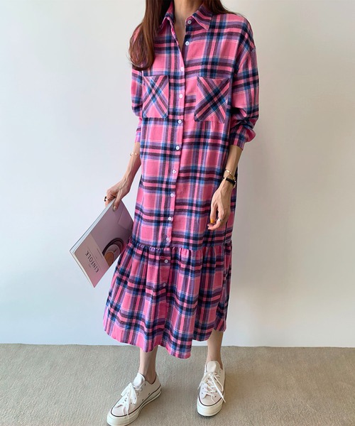 me+em select（ミームセレクト）の「ギャザー切替チェックフランネルシャツワンピース（シャツワンピース・レディース・ピンク/グリーン・FREE）」の9枚目の写真