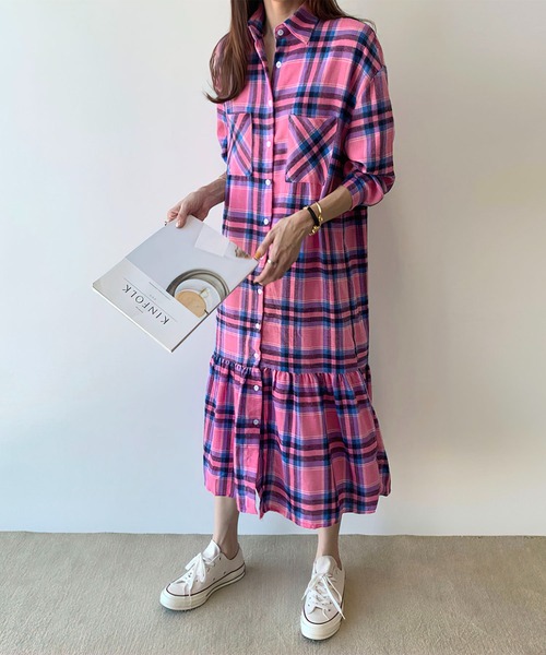 me+em select（ミームセレクト）の「ギャザー切替チェックフランネルシャツワンピース（シャツワンピース・レディース・ピンク/グリーン・FREE）」の15枚目の写真