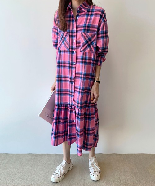 me+em select（ミームセレクト）の「ギャザー切替チェックフランネルシャツワンピース（シャツワンピース・レディース・ピンク/グリーン・FREE）」の6枚目の写真