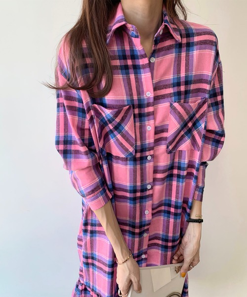 me+em select（ミームセレクト）の「ギャザー切替チェックフランネルシャツワンピース（シャツワンピース・レディース・ピンク/グリーン・FREE）」の18枚目の写真