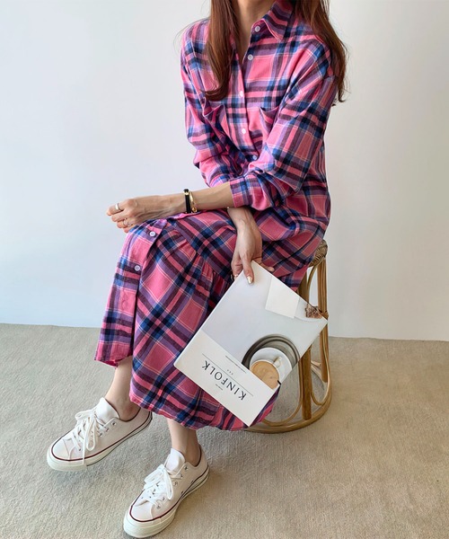 me+em select（ミームセレクト）の「ギャザー切替チェックフランネルシャツワンピース（シャツワンピース・レディース・ピンク/グリーン・FREE）」の12枚目の写真