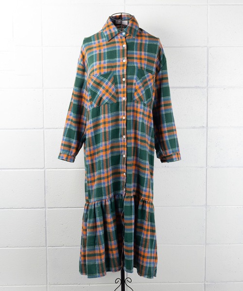 me+em select（ミームセレクト）の「ギャザー切替チェックフランネルシャツワンピース（シャツワンピース・レディース・ピンク/グリーン・FREE）」の4枚目の写真