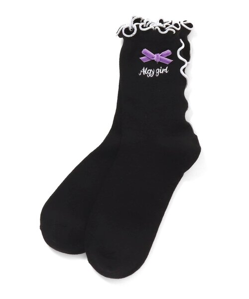 algy（アルジー）の「りぼん付きメロークルーソックス（ソックス/靴下・キッズ・ブラック/オフホワイト/ピンク・21/24）」の2枚目の写真