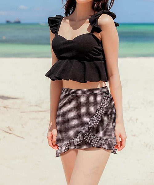 Dalfwin（ダールフィン）の「2022 S/S 春夏 水着レディース ビスチェフリルブラビキニ×ラップ風スカート タンキニセット（水着・レディース・ブラック系その他/ブラック系その他2/ホワイト・MEDIUM/LARGE/SMALL）」の3枚目の写真