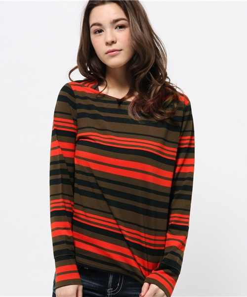 OUTLET(アウトレット)の「【WHO'S WHO gallery】ボーダーボートネック(Tシャツ/カットソー・レディース・カーキ/ブラウン/レッド・FREE)」の1枚目の写真