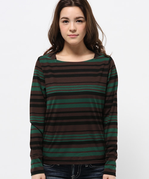 OUTLET(アウトレット)の「【WHO'S WHO gallery】ボーダーボートネック(Tシャツ/カットソー・レディース・カーキ/ブラウン/レッド・FREE)」の4枚目の写真