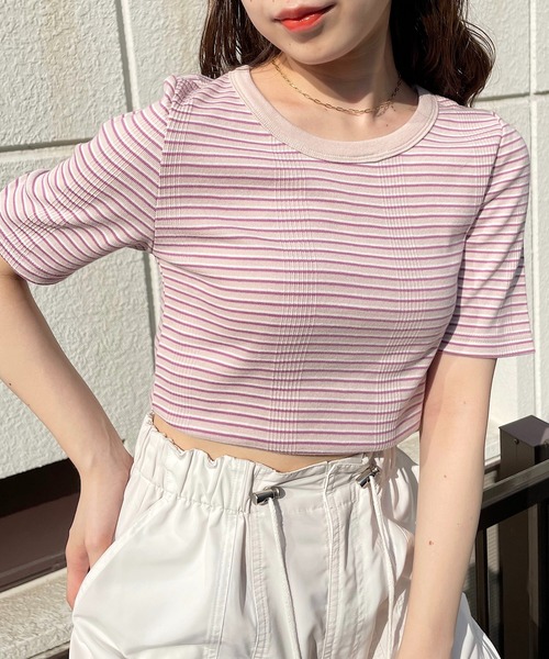 Chico（チコ）の「マルチボーダー配色チビT（Tシャツ/カットソー・レディース・ホワイト/ブラック/ピンク/ミント・FREE）」の4枚目の写真