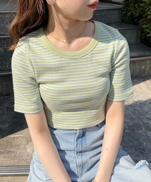 Chico（チコ）の「マルチボーダー配色チビT（Tシャツ/カットソー・レディース・ホワイト/ブラック/ピンク/ミント・FREE）」の3枚目の写真