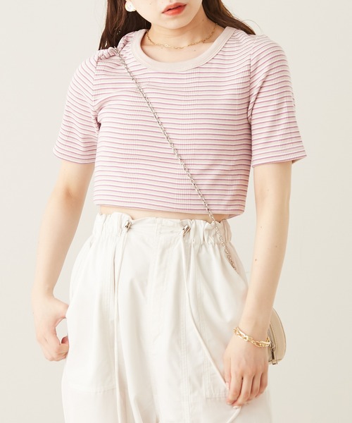 Chico（チコ）の「マルチボーダー配色チビT（Tシャツ/カットソー・レディース・ホワイト/ブラック/ピンク/ミント・FREE）」の11枚目の写真