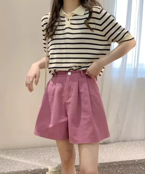 CLEA(クレア)の「ハイウエストカラータックデニムショートパンツ(デニムパンツ・レディース・パープル/ブラック/グリーン/ホワイト/ピンク/イエロー・FREE)」の8枚目の写真