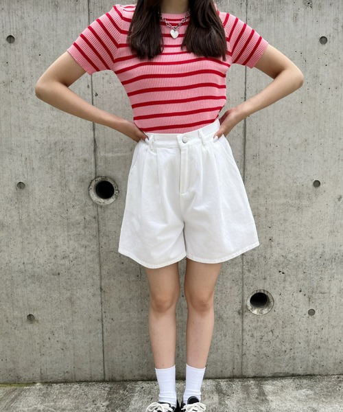 CLEA(クレア)の「ハイウエストカラータックデニムショートパンツ(デニムパンツ・レディース・パープル/ブラック/グリーン/ホワイト/ピンク/イエロー・FREE)」の14枚目の写真