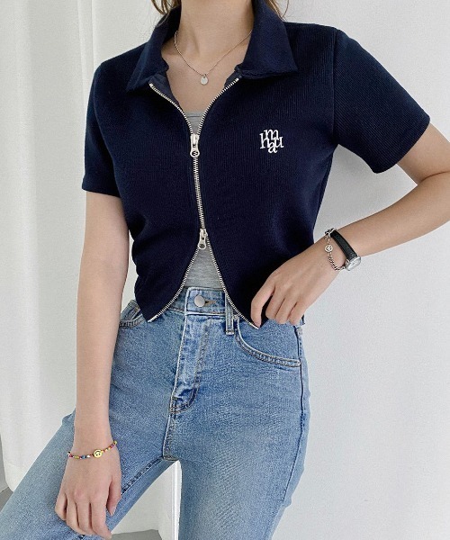 A'GEM/9 × .kom『muah muah/ムーアムーア』SLIM FIT KNIT ZIPUP HALF CARDIGAN/スリムフィット ニットジップアップ ハーフ カーディガン（カーディガン/ボレロ）｜muahmuah（ムーアムーア）