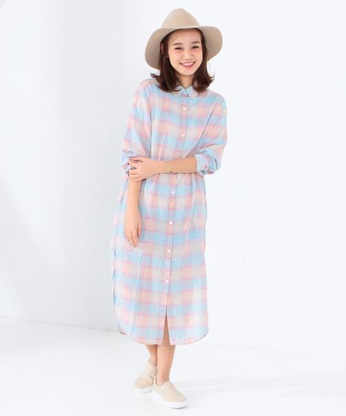 Another Edition（アナザーエディション）の「チェックロングシャツ/AEBC ＣＨＫ LONG SHT◆（シャツ/ブラウス・レディース・ライトブルー/ライトピンク/ケリー・ﾌﾘ-）」の4枚目の写真