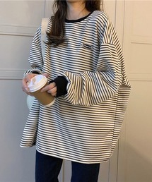 Chaco closet | ワンポインワッペンロゴビックシルエットボーダーロングTシャツ(Tシャツ/カットソー)