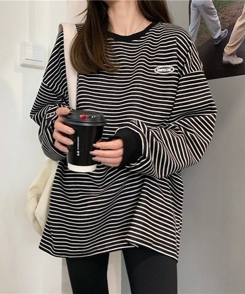 Chaco closet（チャコ クローゼット）の「ワンポインワッペンロゴボーダーロングTシャツ（Tシャツ/カットソー・レディース・ブラック/ホワイト/ネイビー/ブラウン・FREE）」の8枚目の写真