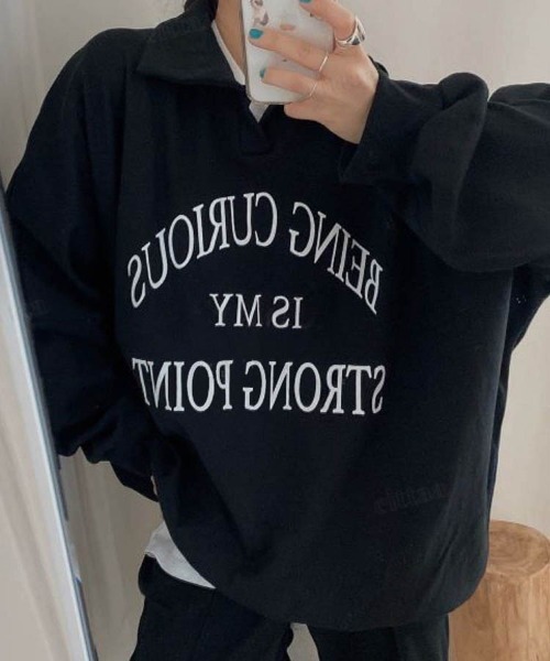Dalfwin(ダールフィン)の「韓国ファッションBEING襟付きプリントオーバーサイズスウェット(スウェット・レディース・ブラック/グレー/カーキ/グレー系2/ブラック系2/カーキ系2・FREE)」の8枚目の写真
