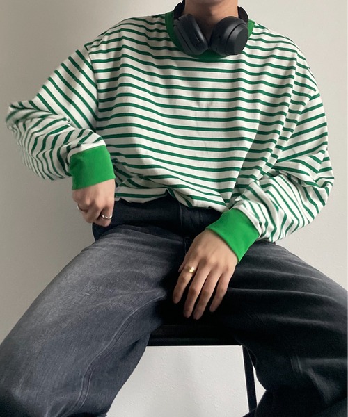 y/m by れぽすけ（イムバイレポスケ）の「ソフトタッチルーズベーシックロンT（Tシャツ/カットソー・メンズ・ブラック/ホワイト/グリーン/ブルー・MEDIUM/LARGE）」の4枚目の写真