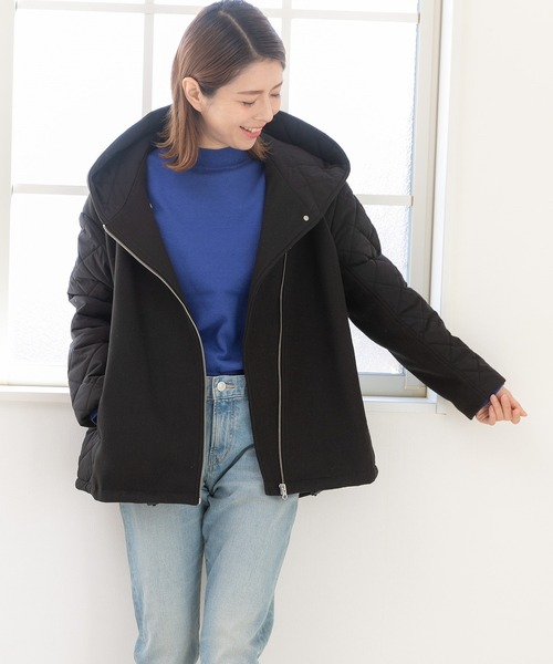 PREFERIR（プレフェリール）の「美シルエット キルティング メルトン コンビ フードコート（ダウンジャケット/コート・レディース・ネイビー/ブラック・LARGE/MEDIUM/SMALL）」の6枚目の写真