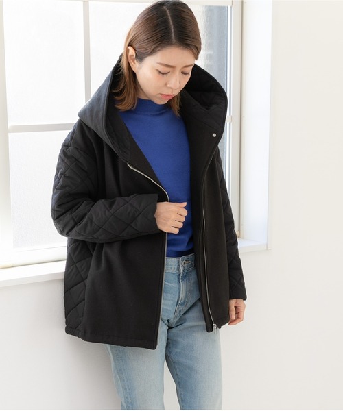 PREFERIR（プレフェリール）の「美シルエット キルティング メルトン コンビ フードコート（ダウンジャケット/コート・レディース・ネイビー/ブラック・LARGE/MEDIUM/SMALL）」の7枚目の写真