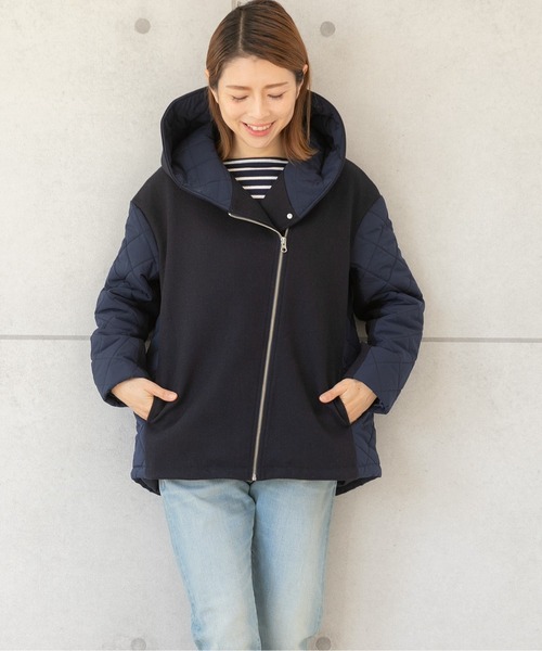 PREFERIR（プレフェリール）の「美シルエット キルティング メルトン コンビ フードコート（ダウンジャケット/コート・レディース・ネイビー/ブラック・LARGE/MEDIUM/SMALL）」の17枚目の写真