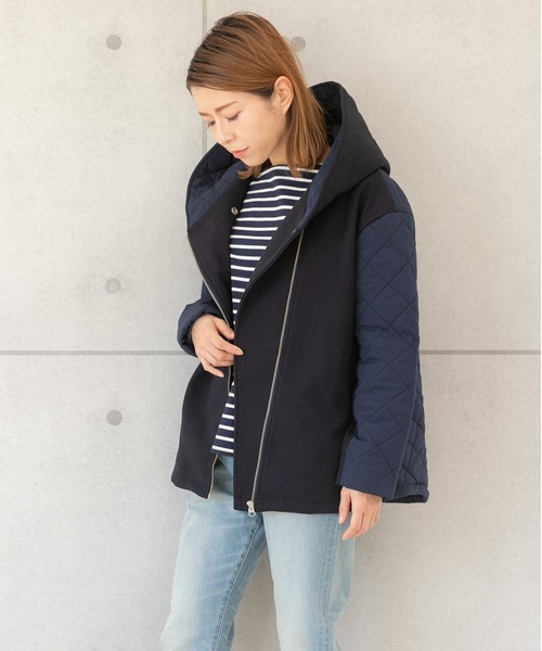 PREFERIR（プレフェリール）の「美シルエット キルティング メルトン コンビ フードコート（ダウンジャケット/コート・レディース・ネイビー/ブラック・LARGE/MEDIUM/SMALL）」の19枚目の写真