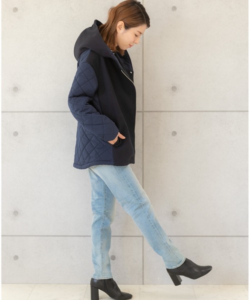 PREFERIR（プレフェリール）の「美シルエット キルティング メルトン コンビ フードコート（ダウンジャケット/コート・レディース・ネイビー/ブラック・LARGE/MEDIUM/SMALL）」の21枚目の写真