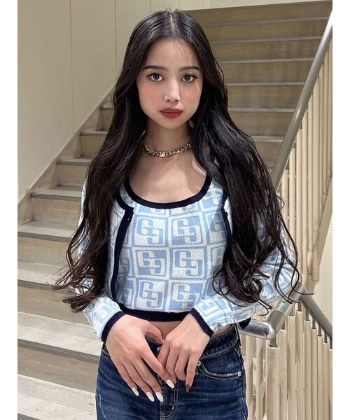 GYDA（ジェイダ）の「GG TILE PATTERN ニットカーディガン（カーディガン/ボレロ・レディース・ライトブルー/ブラック・FREE）」の5枚目の写真