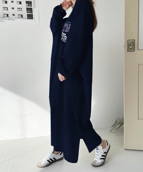 Dalfwin（ダールフィン）の「MANHATTANカレッジロゴプリントワンピースロング（ワンピース・レディース・グレー/ネイビー/グレー系その他・FREE）」の5枚目の写真