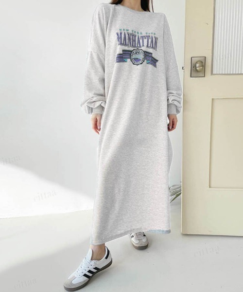 Dalfwin（ダールフィン）の「MANHATTANカレッジロゴプリントワンピースロング（ワンピース・レディース・グレー/ネイビー/グレー系その他・FREE）」の6枚目の写真