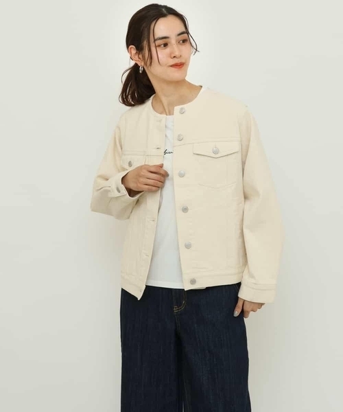 a.v.v（アーヴェヴェ）の「ノーカラーGジャン（デニムジャケット・レディース・ネイビー/アイボリー・40/36/38/34/42）」の15枚目の写真