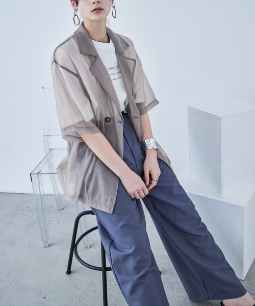 Fashion Letter（ファッションレター）の「オーガンジー 半袖ジャケット（テーラードジャケット・レディース・グリーン/グレー/ブラック・M）」の4枚目の写真