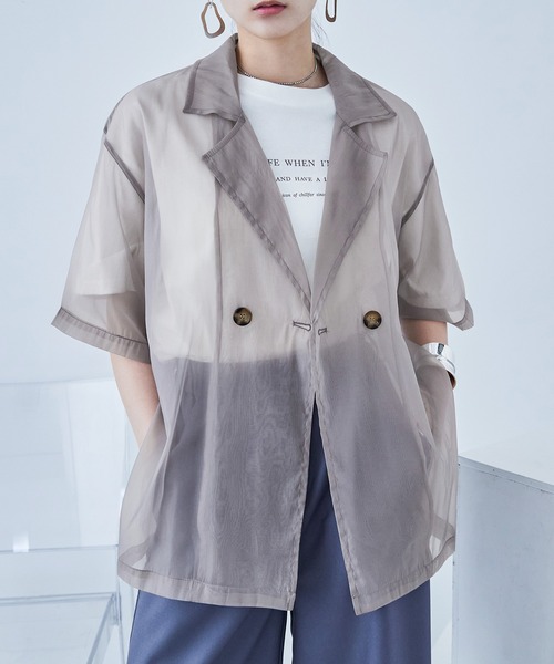 Fashion Letter（ファッションレター）の「オーガンジー 半袖ジャケット（テーラードジャケット・レディース・グリーン/グレー/ブラック・M）」の21枚目の写真