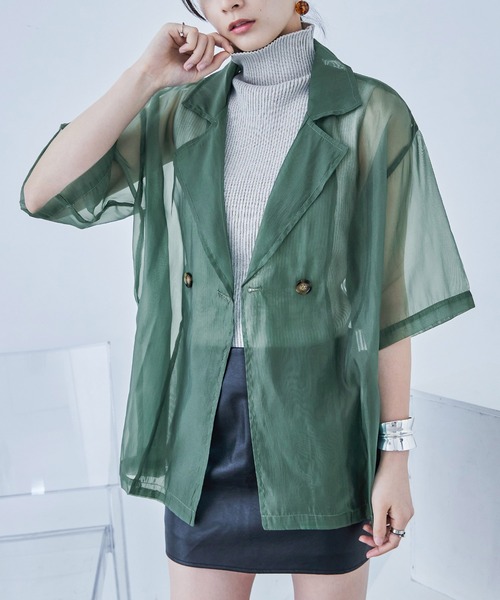 Fashion Letter（ファッションレター）の「オーガンジー 半袖ジャケット（テーラードジャケット・レディース・グリーン/グレー/ブラック・M）」の5枚目の写真