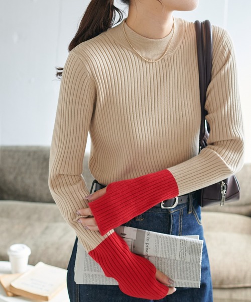 DISCOAT（ディスコート）の「モチモチリブ袖配色ハイネック《WEB限定カラーあり》（ニット/セーター・レディース・ブルー/グレー/ブラック/アイボリー/ブラウン/ピンク/ホワイト系その他/ネイビー/ピンク系その他/ホワイト系その他2/ホワイト系その他3/ブラック系その他2/ブラウン系その他/グレー系その他/ベージュ・FREE）」の11枚目の写真