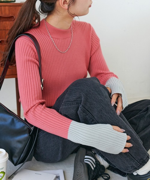 DISCOAT（ディスコート）の「モチモチリブ袖配色ハイネック《WEB限定カラーあり》（ニット/セーター・レディース・ブルー/グレー/ブラック/アイボリー/ブラウン/ピンク/ホワイト系その他/ネイビー/ピンク系その他/ホワイト系その他2/ホワイト系その他3/ブラック系その他2/ブラウン系その他/グレー系その他/ベージュ・FREE）」の15枚目の写真