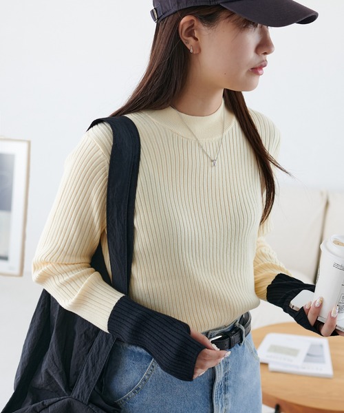 セール】モチモチリブ袖配色ハイネック《WEB限定カラーあり