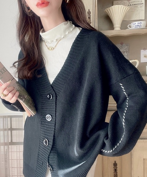 Miniministore(ミニミニストア)の「ステッチラインオーバーサイズカーディガン(カーディガン/ボレロ・レディース・グレー/ブラック/アイボリー/レッド/ベージュ・FREE)」の3枚目の写真