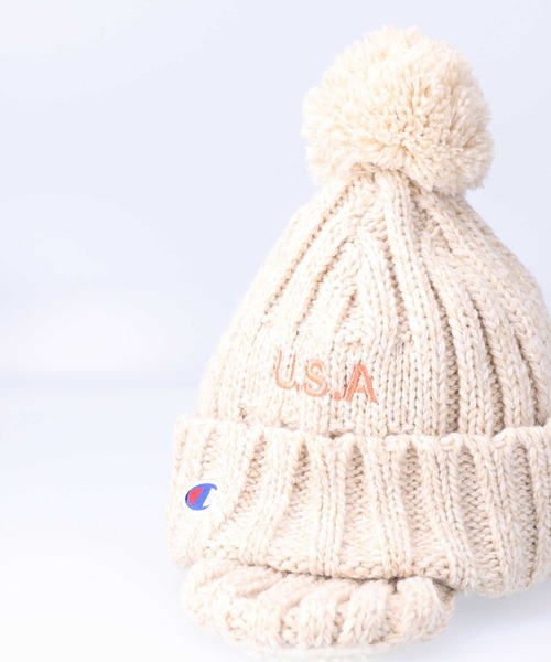 Champion(チャンピオン)の「【Champion】ニット耳付きボンボンワッチ(ニットキャップ/ビーニー・キッズ・ホワイト/ブルー・フリー)」の4枚目の写真